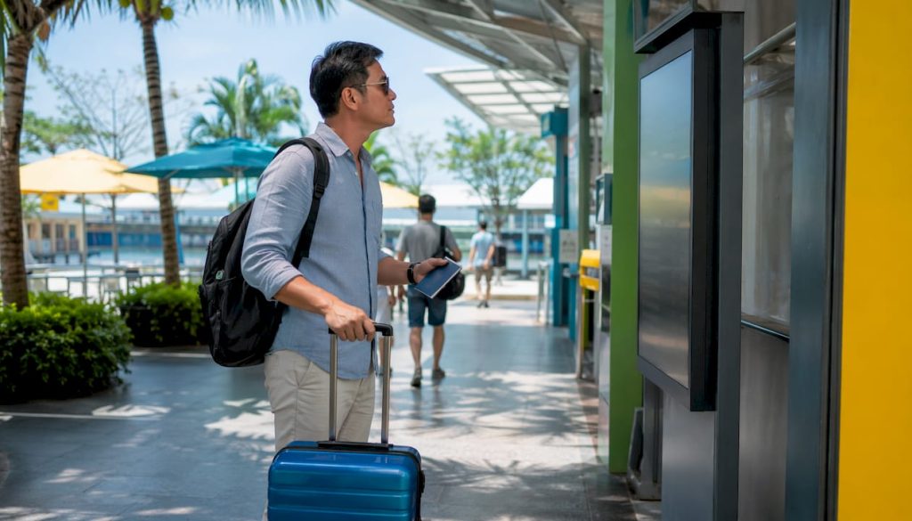 Traveler checking ferry schedule at Singapore terminal