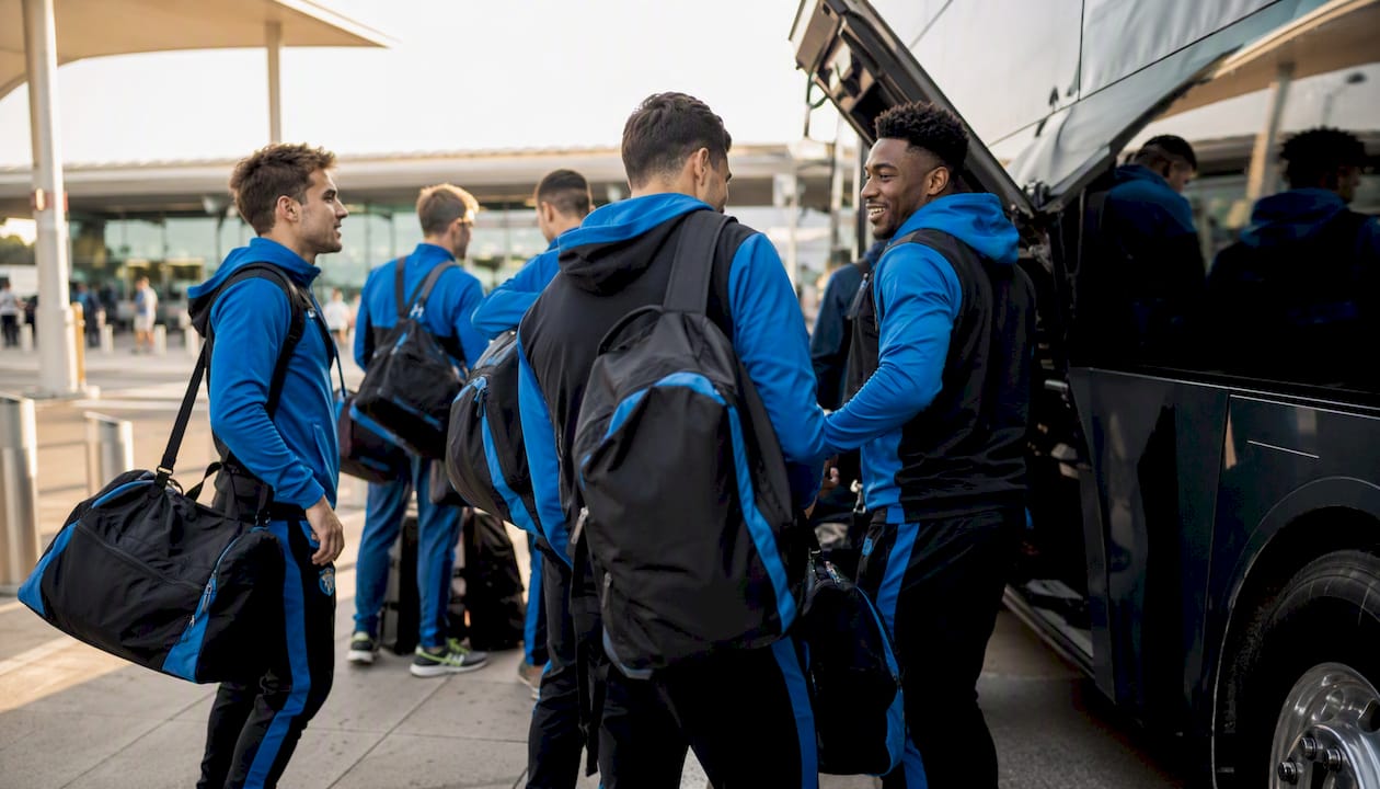 Sports team loading equipment onto airport coach transfer