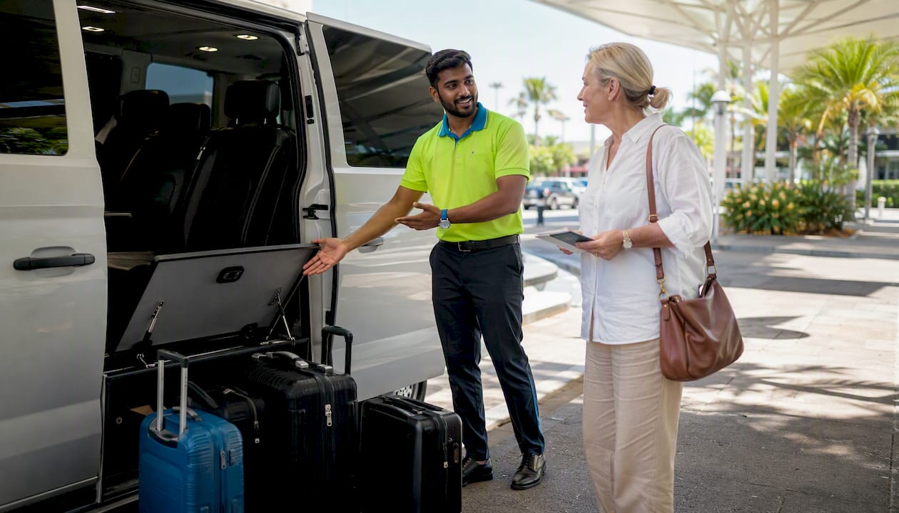 Driver shows minibus luggage space to passenger