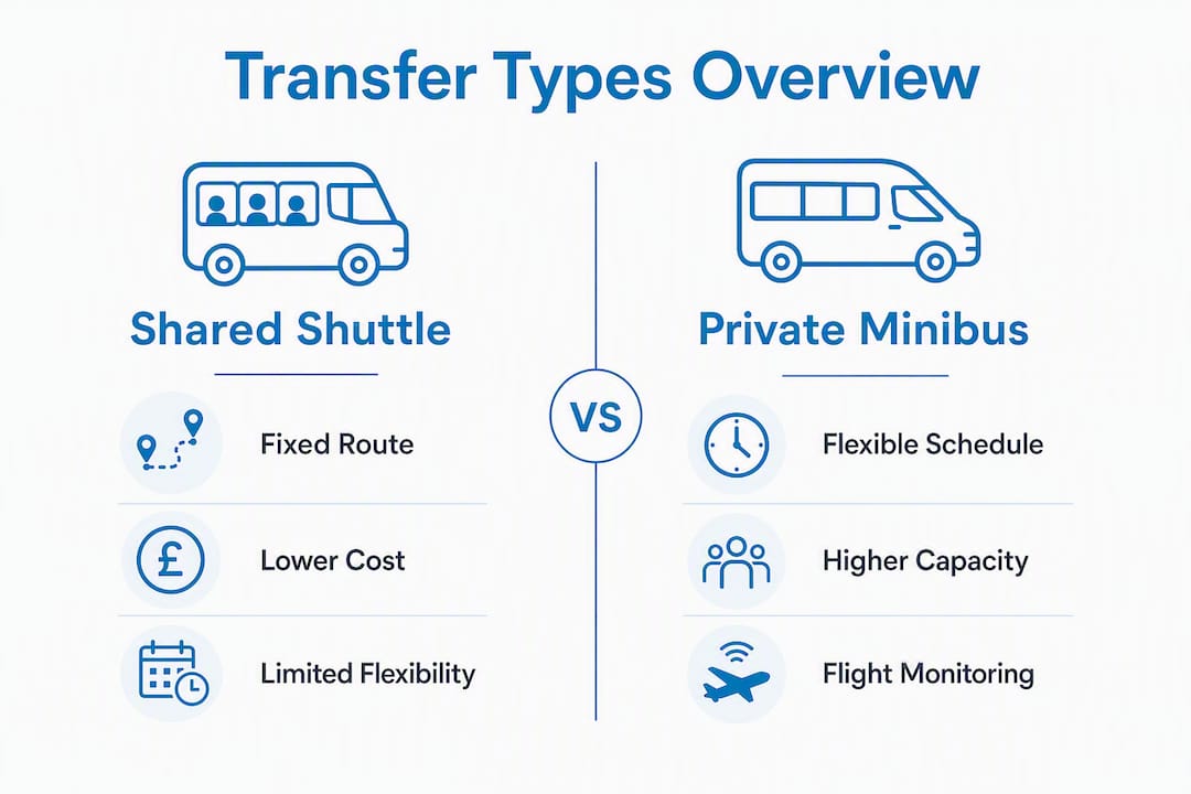 Infographic comparing shared shuttle and private minibus options