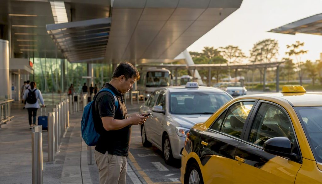 Passenger booking taxi outside Seletar Airport
