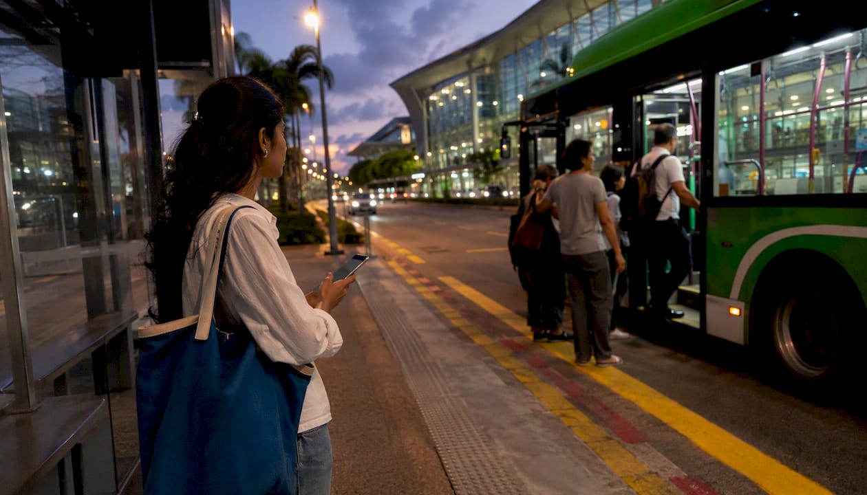 Woman boarding bus near Seletar Airport