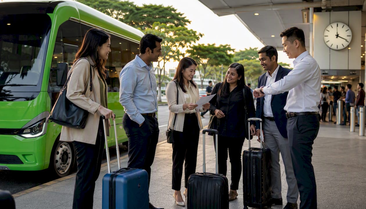 Group preparing for minibus shuttle at Seletar