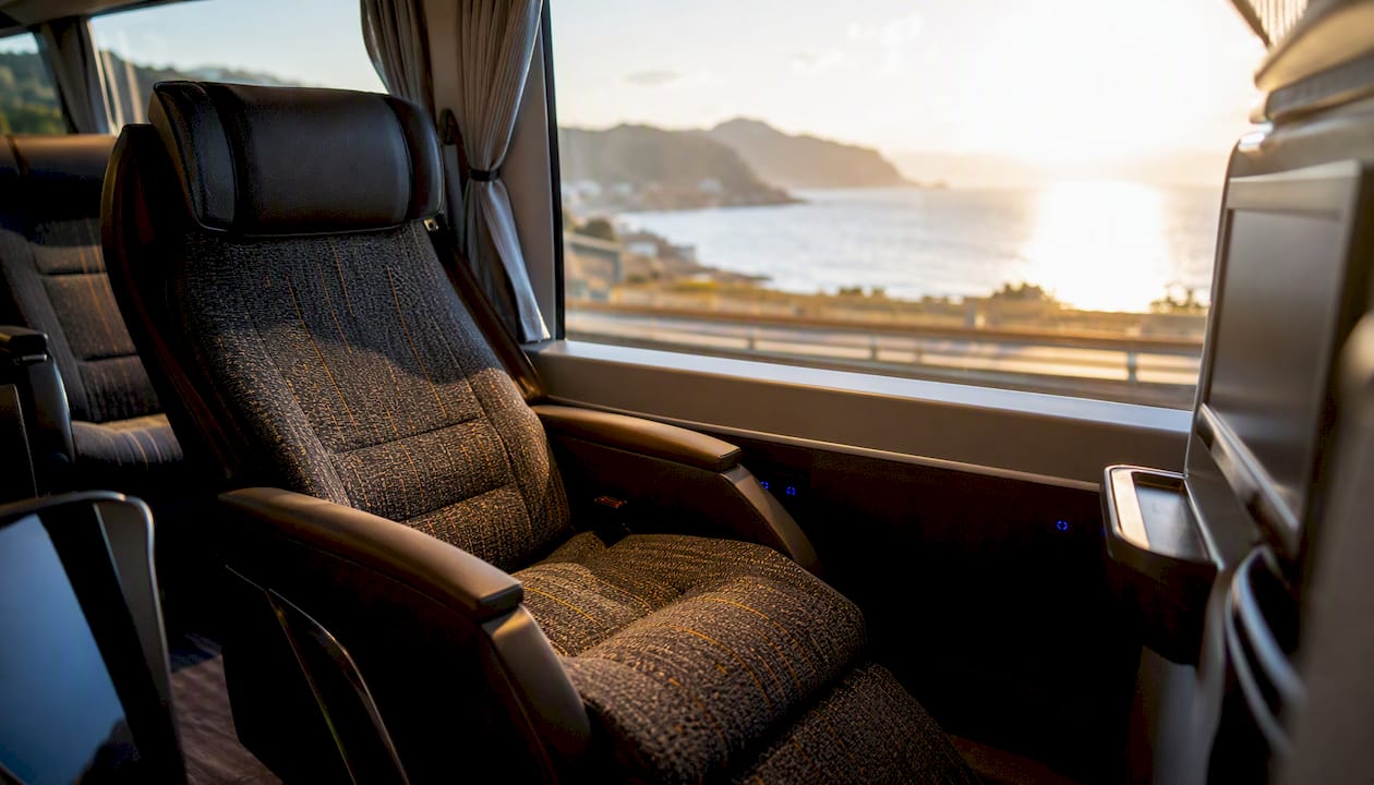 Reclining seat inside luxury coach bus