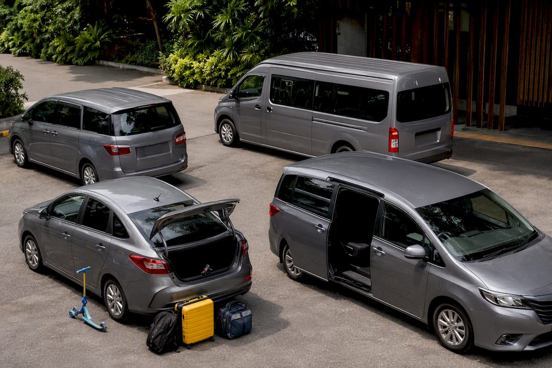 Different size vehicles lined up for group transport