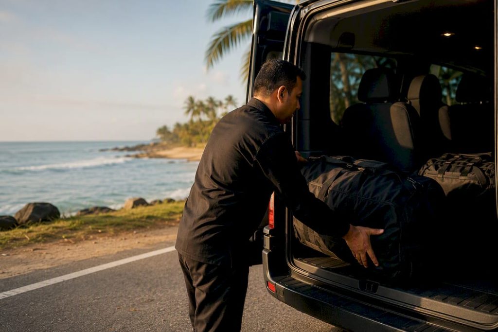 Chauffeur loading dive bags at dawn