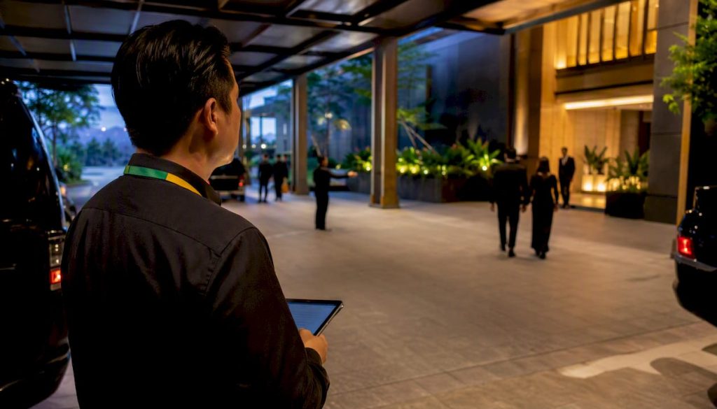 Coordinator managing gala arrivals at venue