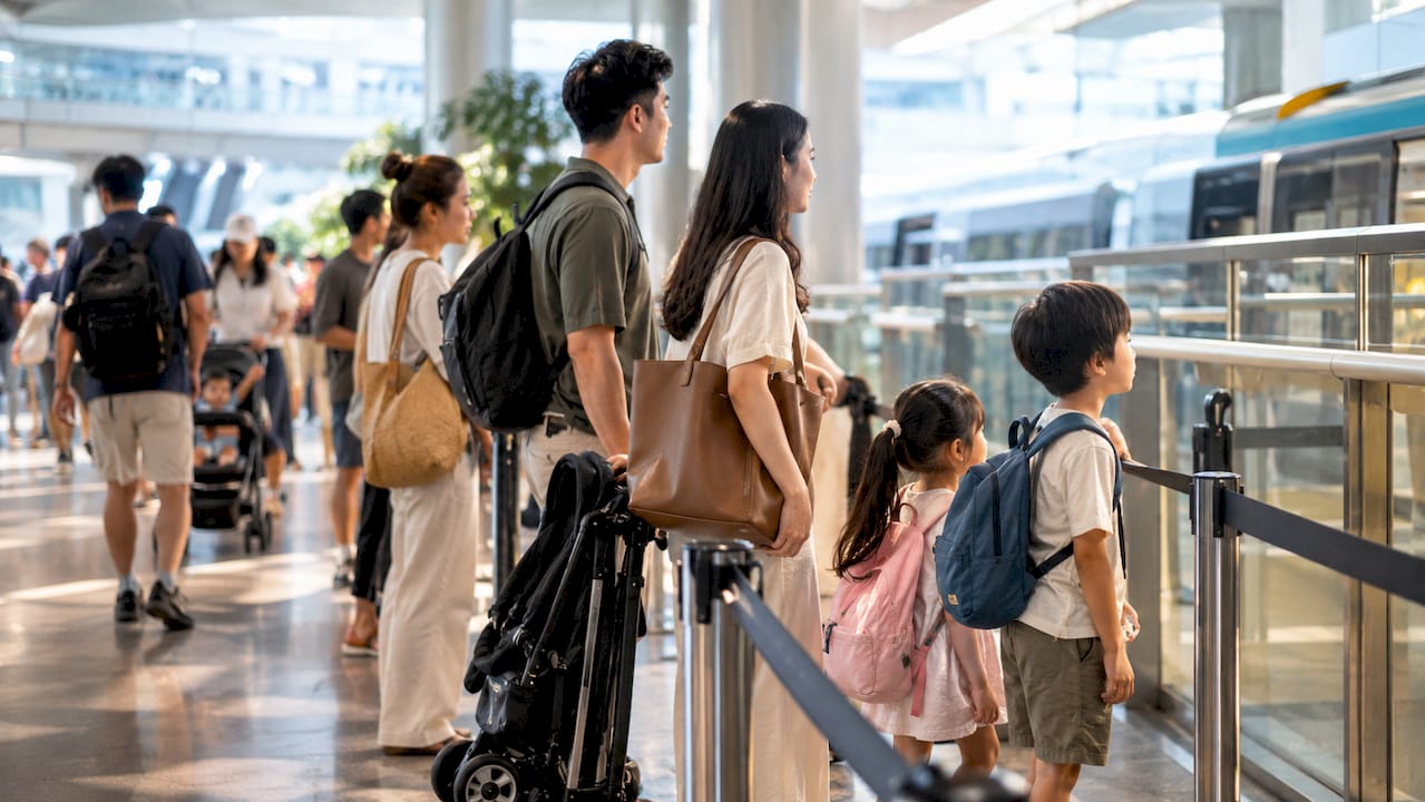 Families waiting at Sentosa Express platform