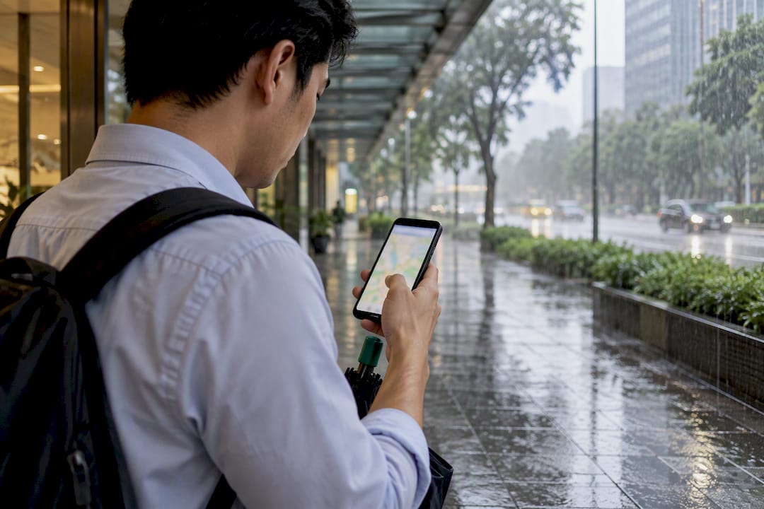 Commuter checking flood alert during rain