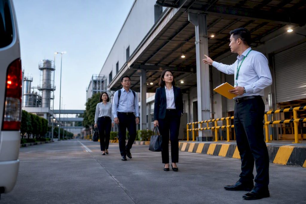 Escort coordinating visitors at factory loading bay