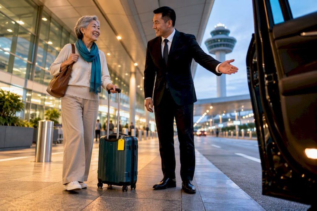 Senior traveller meeting chauffeur at airport