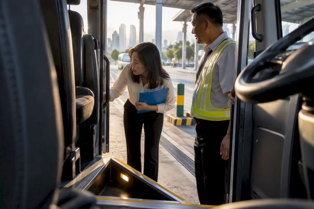 Driver beside minibus during compliance check