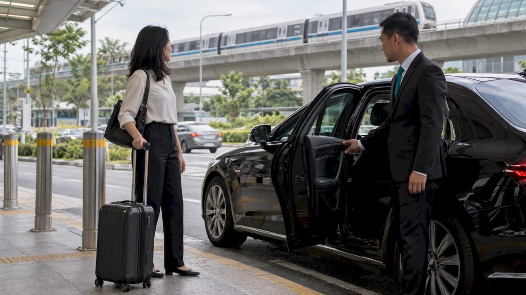Traveler comparing a chauffeured car and MRT