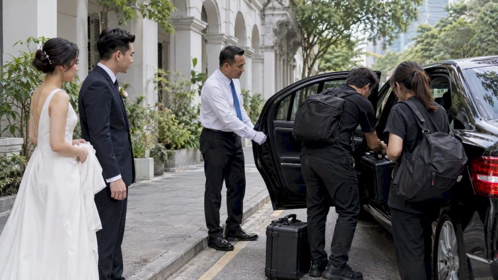 Wedding photographer loading kit beside a chauffeured sedan