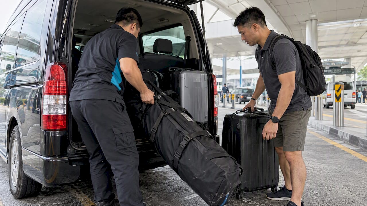 Chauffeur unloading bulky luggage from a minibus