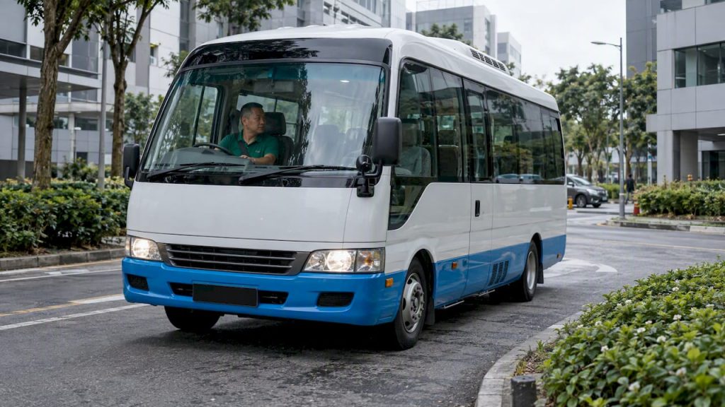 Chartered minibus arriving at Singapore office venue