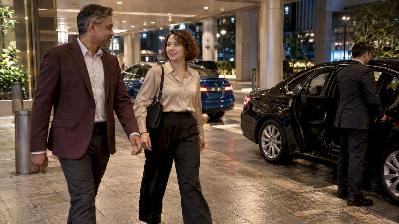 Colleagues departing dinner in chauffeured cars